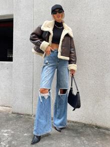 GENKIRA Teddy Lined PU Leather Jacket Faux Leather Aviator Jacket With Borg Lining  - Brown - View 7