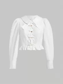 SHEIN MOD Camisa unicolor bajo con fruncido de manga farol - Blanco - Ver 1