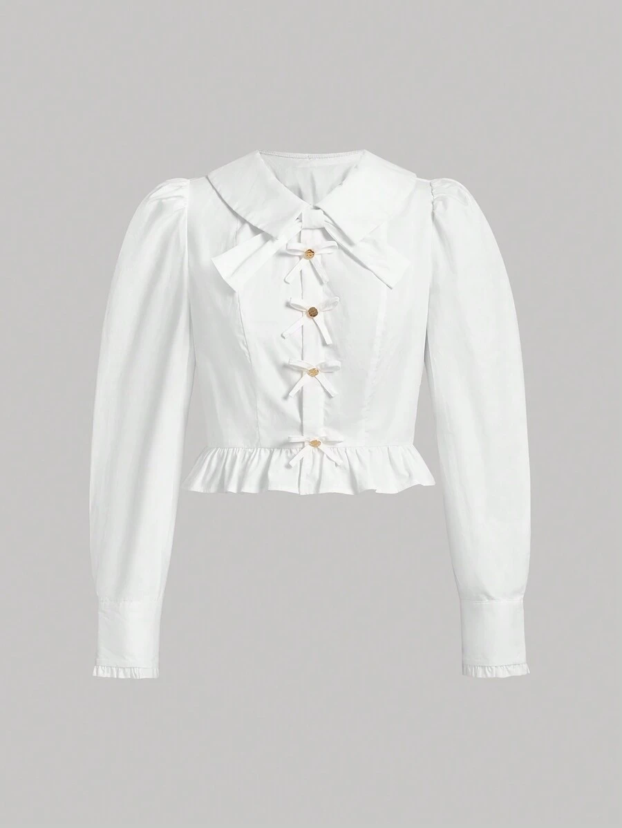 SHEIN MOD Camisa unicolor bajo con fruncido de manga farol - Blanco - Ver 1