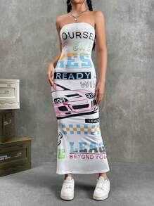 SHEIN Coolane Letter Graphic Tube Bodycon Dress - White - View 3