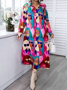 Calvaya Đầm dài thường ngày in hoa cổ polo tay dài xắn gấu cỡ lớn thích hợp cho đi chơi và dự tiệc - Nhiều màu - Xem 5