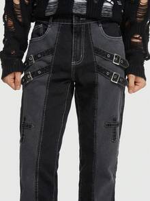 ROMWE MEN ROMWE Avant 男士交叉補丁貼撞色牛仔褲 - 深灰色 - 查看 6