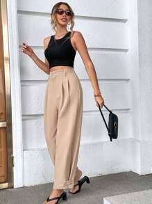 SHEIN Essnce 高腰拼接細節直筒褲 - 卡其色 - 查看 6