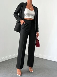 EURMUSE Solid Single Button Blazer & Pants - Black - View 3