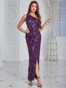 Eilly Bazar One Shoulder Wrap Hem Sequin Prom Dress - Purple - View 6