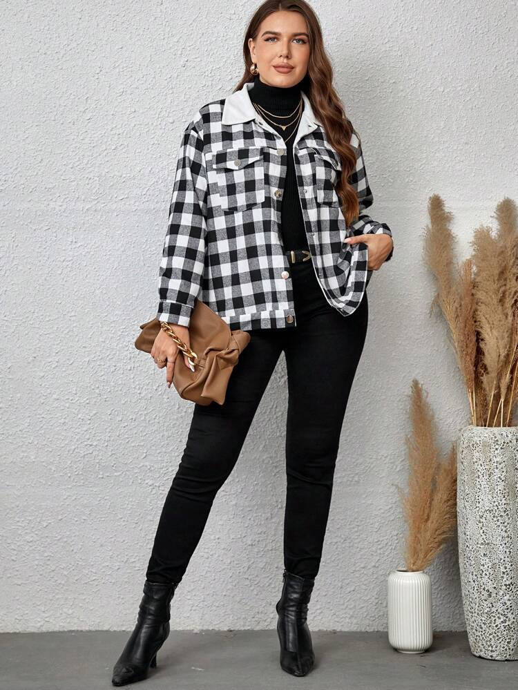 Plus Plaid Print Borg Collar Flap Pocket Jacket