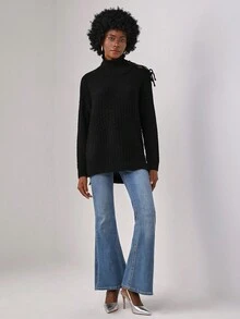 ALBERTI High Neck Lace Up Detail Sweater - Black - View 3