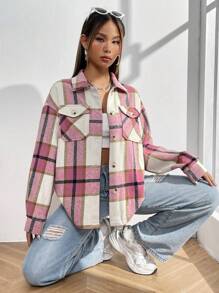 SHEIN Unity 格紋印花翻蓋口袋落肩袖襯衫 - 粉色 - 查看 1