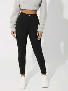 SHEIN EZwear Brushed Fabric Thermal High Waist Skinny Cropped Jeans Thickened Denim - Black - View 4