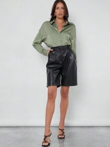 BizChic Single Breasted Solid Satin Blouse Workwear - Mint Green - View 7