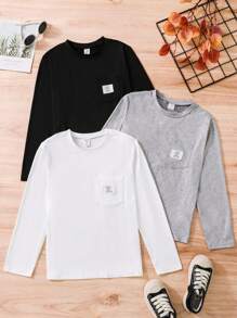 SHEIN Tween Boy 3pcs Letter Patched Detail Pocket Front Tee - Multicolor - View 1
