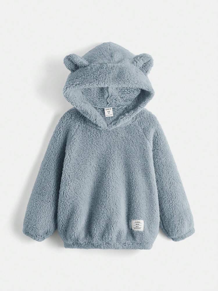 Young Boys Letter Patched Detail 3D Ears Design Teddy Sweatshirt, In Fall/Winter