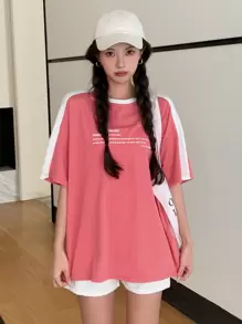 DAZY 标语图案落肩T恤休闲拥抱未来生活是一连串的享受时刻，不仅仅是为了生存在这平凡的生活中，我们必须看到生活的美好，让爱 - 粉色 - 查看 9
