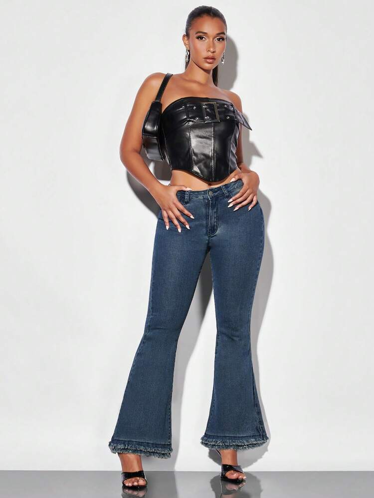 High Waist Fringe Hem Flare Leg Jeans