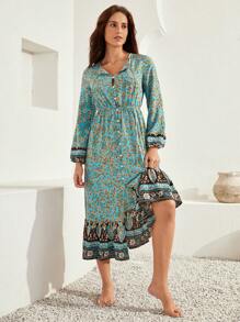 Bohemela 小碎花燈籠袖荷葉邊洋裝不附腰帶