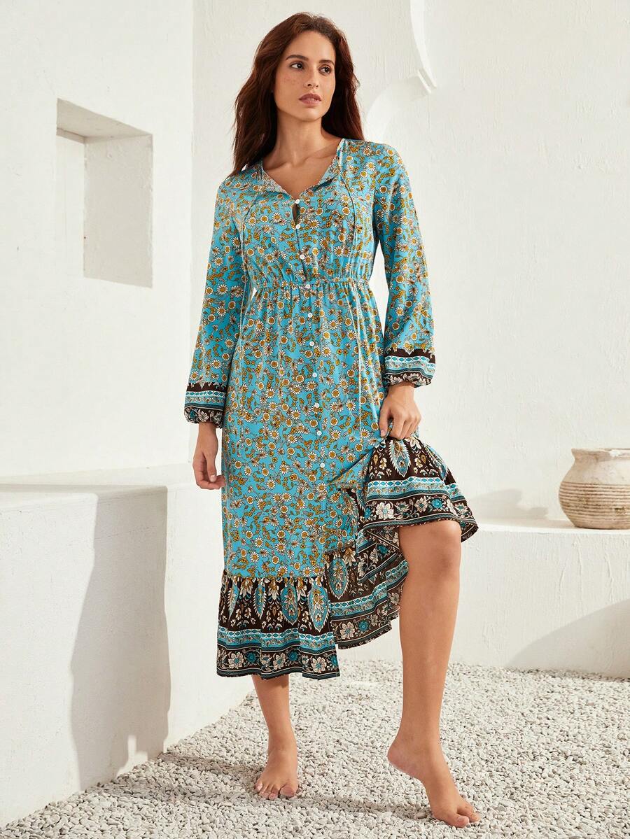 Bohemela 小碎花燈籠袖荷葉邊洋裝不附腰帶