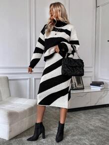 SHEIN Clasi 雙色高領落肩袖毛衣和針織裙 - 黑與白 - 查看 4