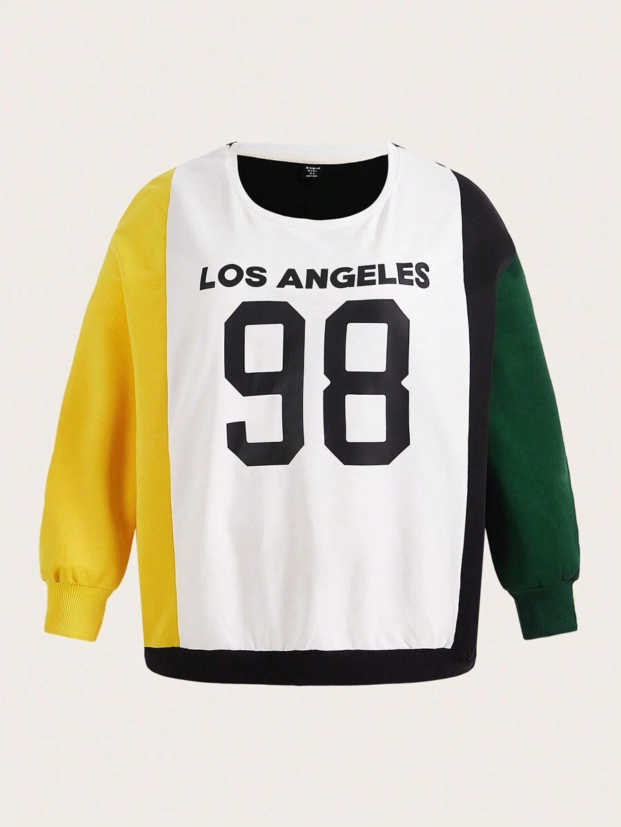 SHEIN CURVE+ Plus Letter Graphic Colorblock Drop Shoulder Sweatshirt - Multicolor - View 1