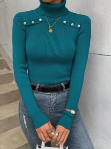 Selianne 高领纽扣细节罗纹针织套头衫秋冬毛衣 - 藍色 - 查看 3