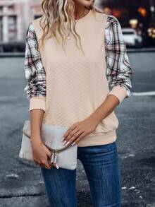 SHEIN LUNE In kẻ sọc Ống tay áo Áo nỉ - Màu Khaki - Xem 5