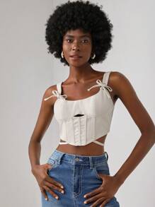 Thainara Oliveira Designer Tie Back Bow Detail Cut Out Cami Top, For Holiday, Vacation - Beige - View 1
