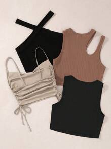 SHEIN Unity 4入組實心條紋針織上衣，適用於約會、派對等場合