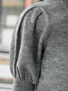 春季秋季女孩休閒羊腿袖立領毛衣 - 灰色 - 查看 6