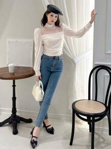 DAZY Top de cuello alto de malla unicolor - Albaricoque - Ver 8