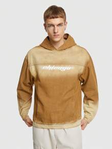 ROMWE MEN ROMWE Avant Men's Hooded Denim Jacket With Letter Print - Khaki - View 4