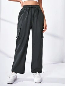 Easithlete 側翻蓋口袋腰部抽繩工裝運動褲 - 深灰色 - 查看 3
