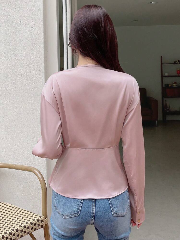 Solid Surplice Neck Blouse Long Sleeve Top