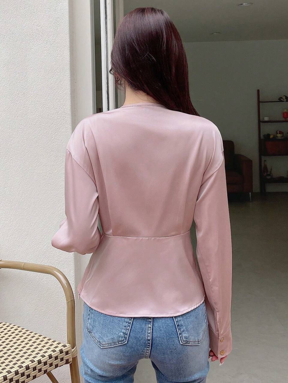 Solid Surplice Neck Blouse Long Sleeve Top