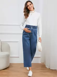 SHEIN Maternity Paperbag Waist Straight Leg Jeans - Medium Wash - View 4