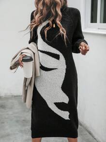 EMERY ROSE Figure Graphic Turtleneck Lantern Sleeve Sweater Dress Fall Winter Cloth For Women - Black - View 7