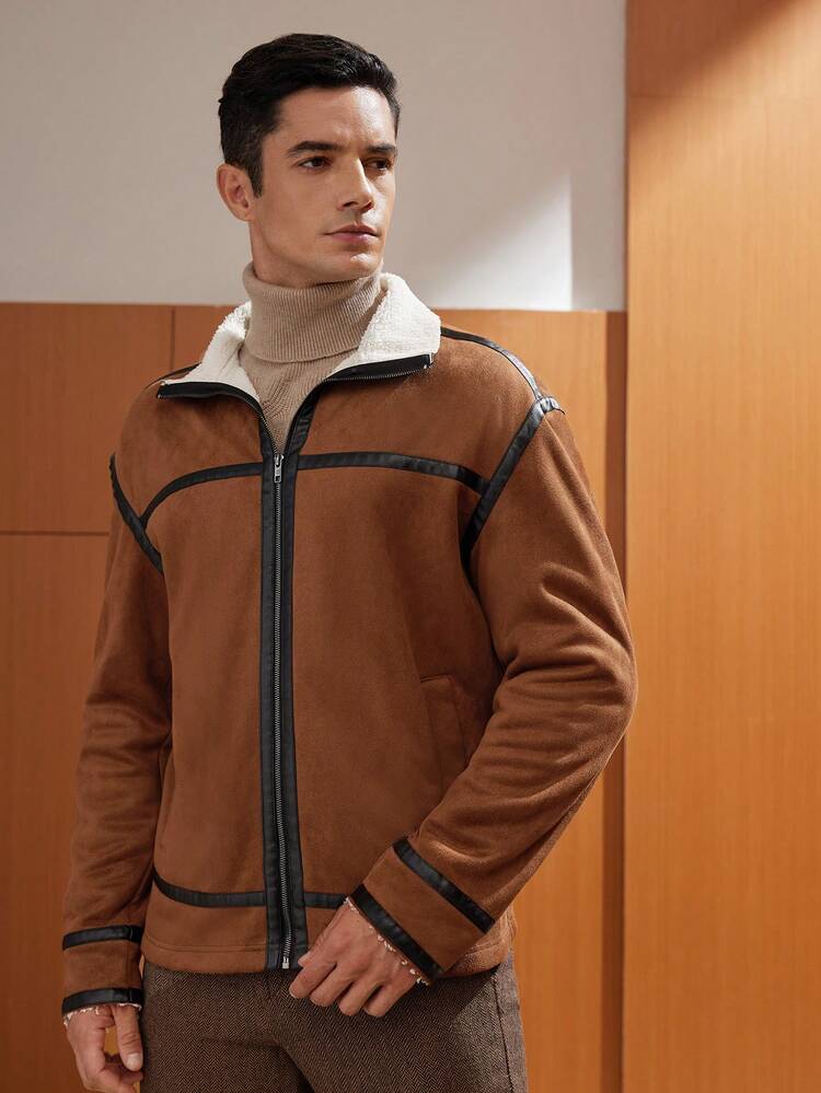 Men's Oversized Faux Suede Jacket With Teddy Lining And Contrast Binding
