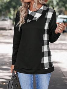 SHEIN LUNE 水牛格紋印花不對稱領套頭衫 - 黑色 - 查看 4