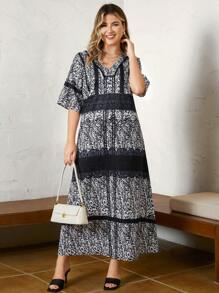 SHEIN Unity Hơn In hoa Ditsy Cổ v Đầm - Đen và trắng - Xem 4