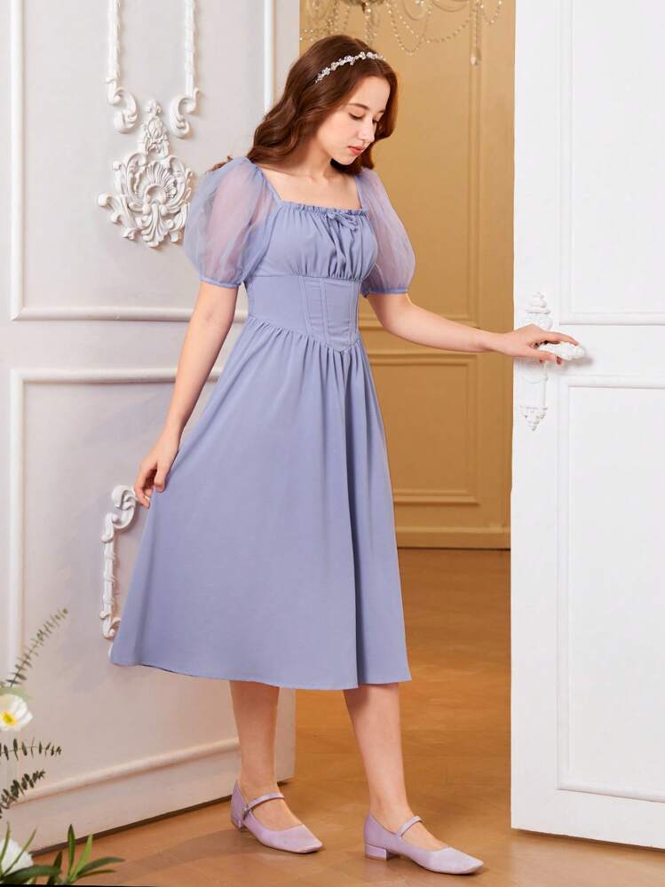 Teen Girl Square Neck Puff Sleeve Dress - Mauve Purple - View 4