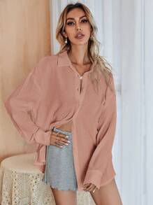 SHEIN Frenchy Solid Drop Shoulder Button Front Shirt - Dusty Pink - View 5