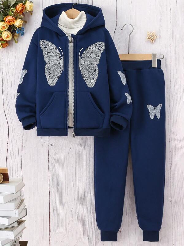 Sparklyn 女大童1入組蝴蝶圖案加絨內裏連帽夾克&1入組衛褲