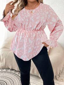 Celure Plus Allover Print Flounce Sleeve Peplum Blouse - Multicolor - View 3