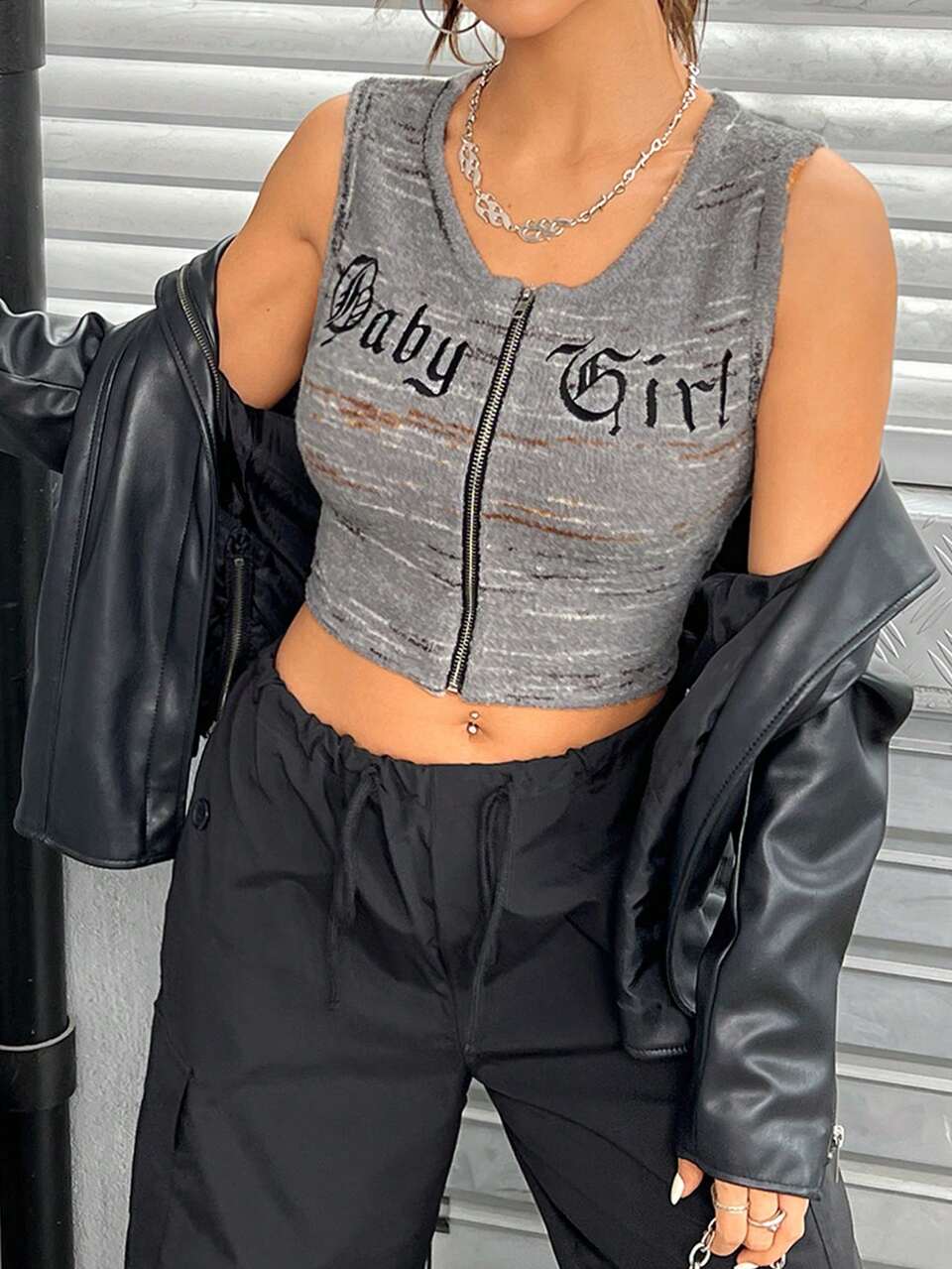 Letter Graphic Zip Up Crop Tank Top