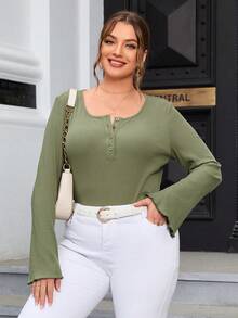 SHEIN Essnce 大碼半排扣荷葉袖T恤 - 軍綠色 - 查看 5