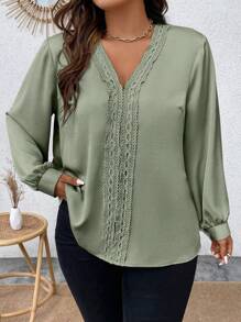 Celure Plus Guipure Lace Insert Lantern Sleeve Blouse - Green - View 4