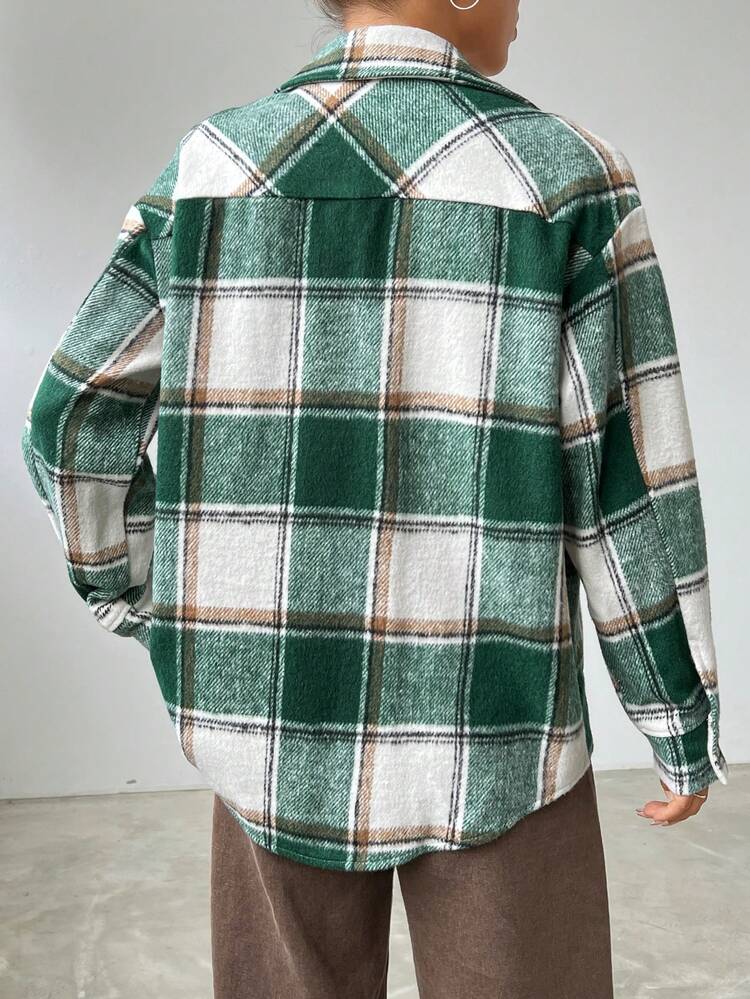 Plaid Pattern Drop Shoulder Flap Pocket Coat