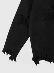 ANDREILEE Unisex Casual Loose Fit Crew Neck Sweater With Letter Embroidery, Star Distressed Fringe Design, Versatile Long Sleeve Knit Top For Spring, Autumn, Winter - Black - View 4