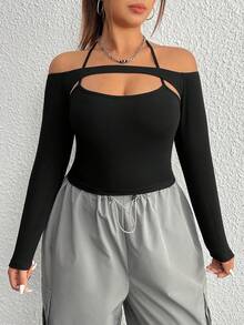 SHEIN EZwear 大碼鏤空後綁帶T恤 - 黑色 - 查看 3