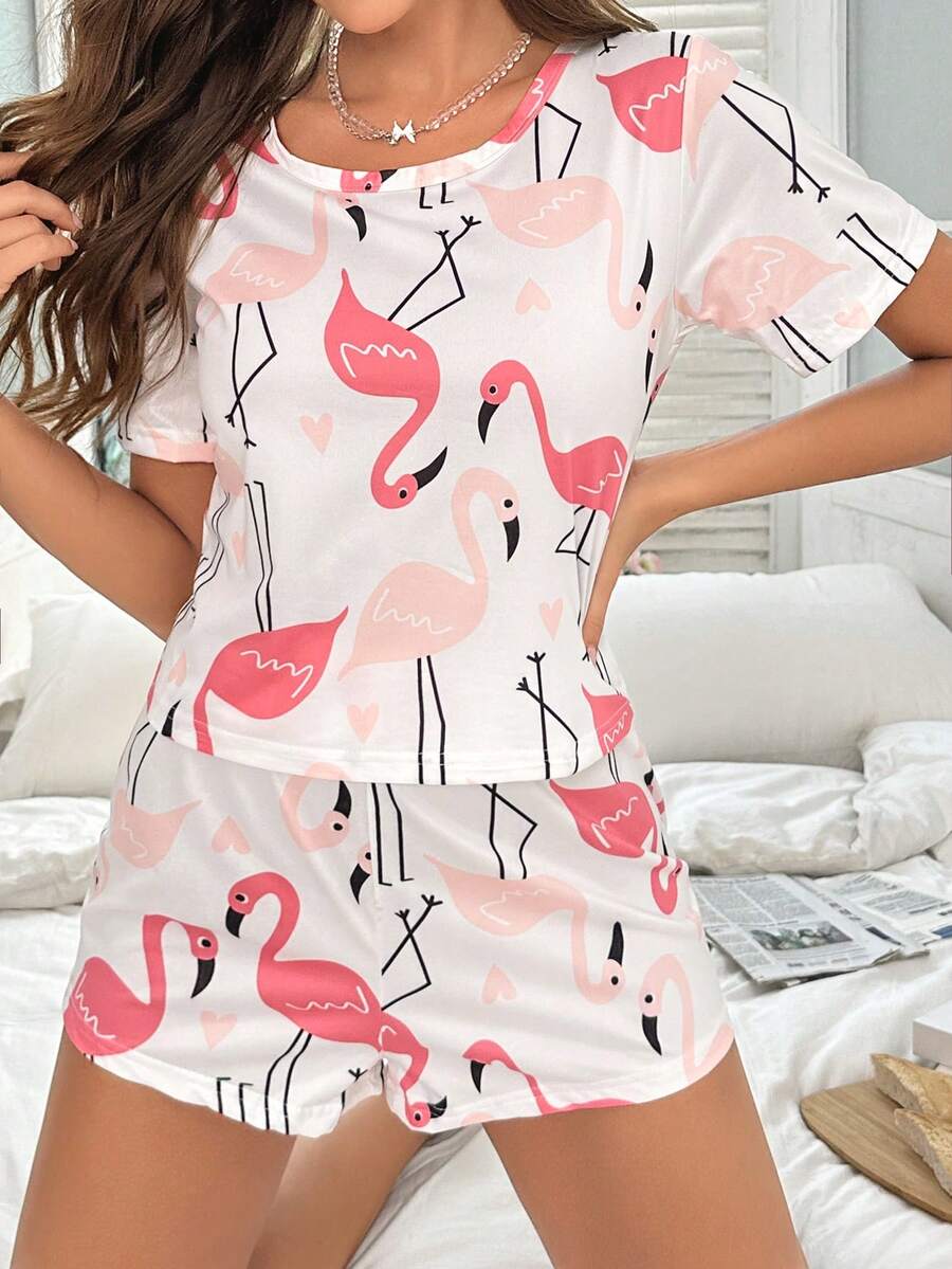 火烈鳥圖案T恤和短褲睡衣套裝 - 彩色 - 查看 1