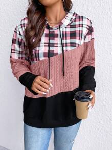 SHEIN LUNE 加大码格子印花撞色抽绳卫衣 - 粉色 - 查看 1