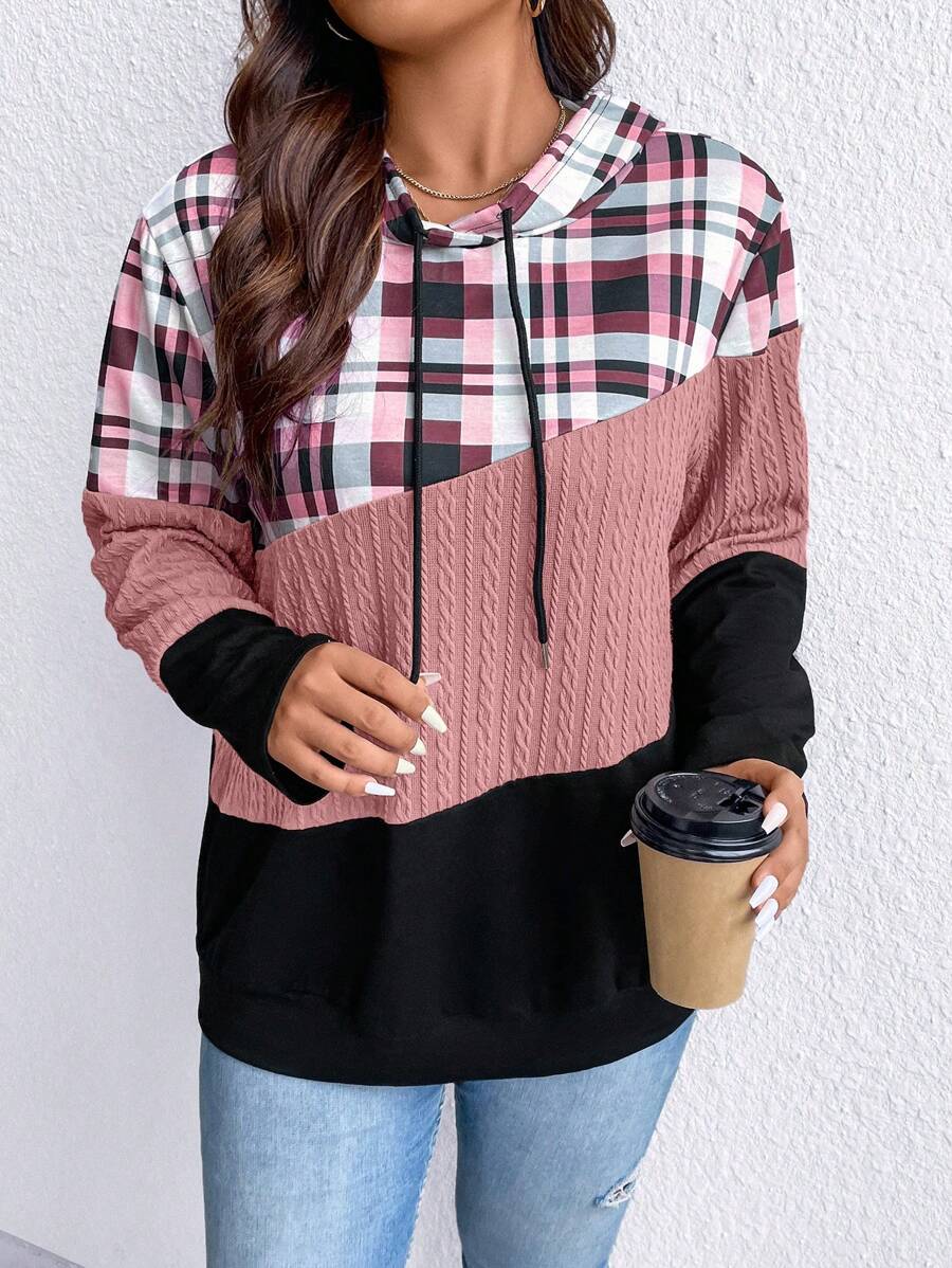 SHEIN LUNE 加大码格子印花撞色抽绳卫衣 - 粉色 - 查看 1
